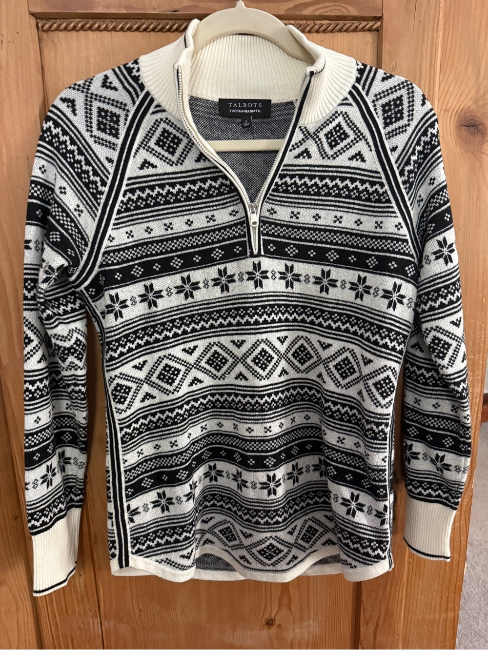 Talbots Black & Cream Fair Isle Nordic 1/4-Zip Knit Sweater